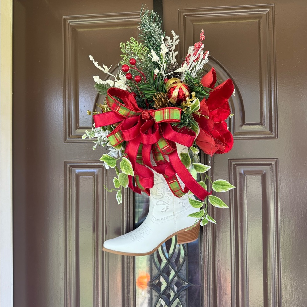 Festive White Boot Door Decoration with Red Accents